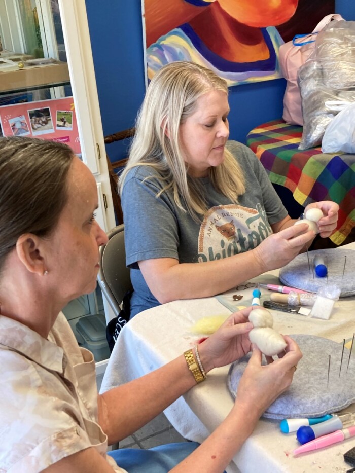 Making needle felted chickens at The Artist's Retreat