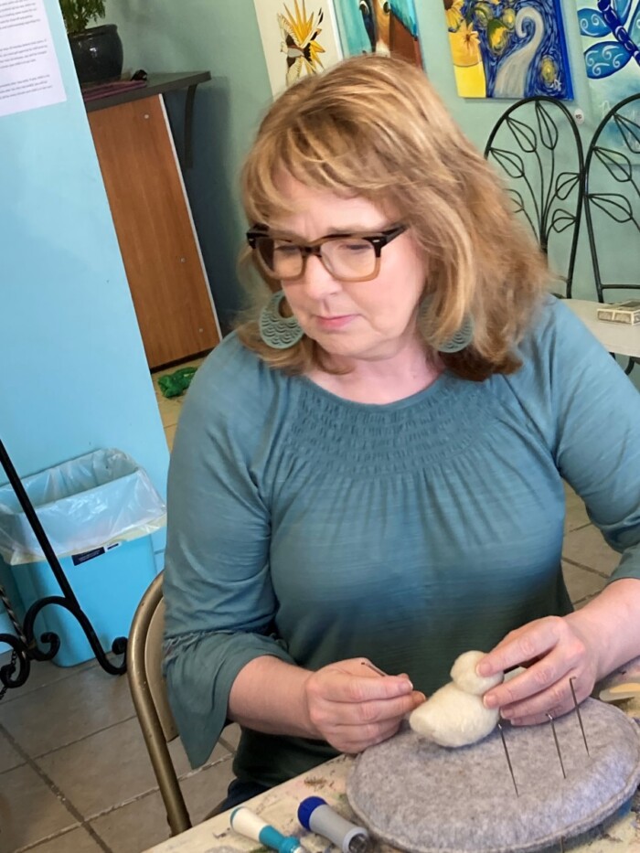 Making needle felted chickens at The Artist's Retreat